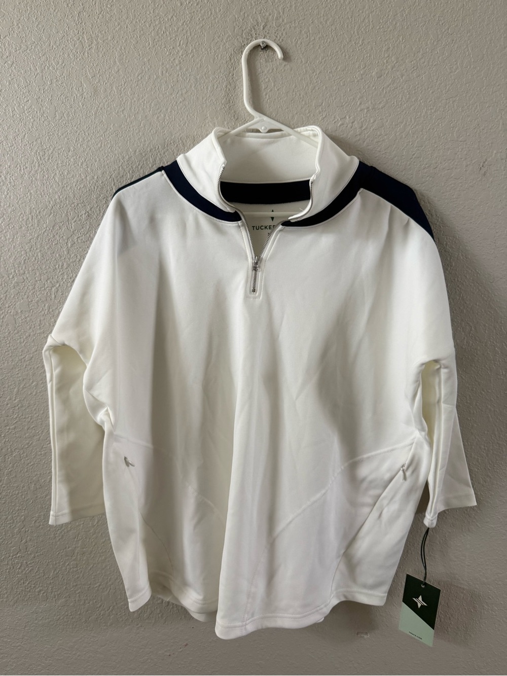 Tnuck Sport White and Navy Quarter-Zip Pullover